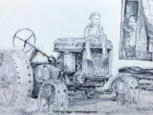 Children and Old Tractor, drawing by Ray Pague