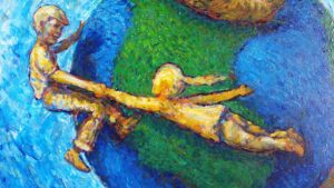 Globe Children: flying boy and girl holding hands detail of painting by Ray Pague
