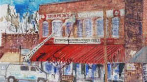 Pace's Store, Saluda, NC - Thompson's Store and Wards Grill detail of Saluda, NC painting by Ray Pague in progress